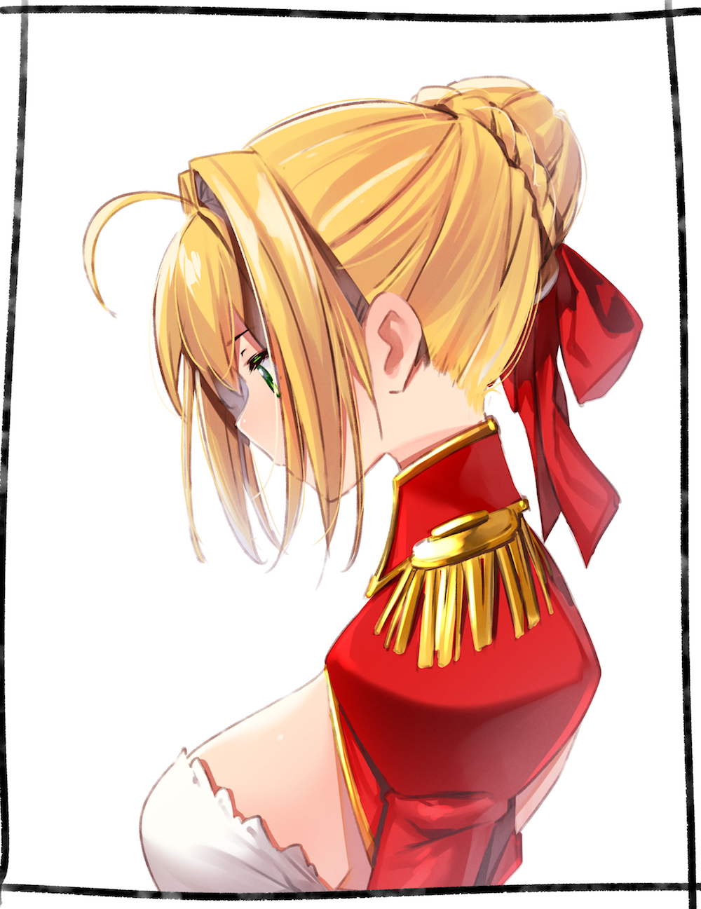 1girl ahoge bangs blonde_hair braid breasts dress epaulettes fate/extra fate_(series) french_braid green_eyes hair_bun hair_intakes hair_ribbon highres juliet_sleeves kei_(soundcross) large_breasts long_hair long_sleeves nero_claudius_(fate) nero_claudius_(fate)_(all) profile puffy_sleeves red_dress red_ribbon ribbon simple_background solo white_background