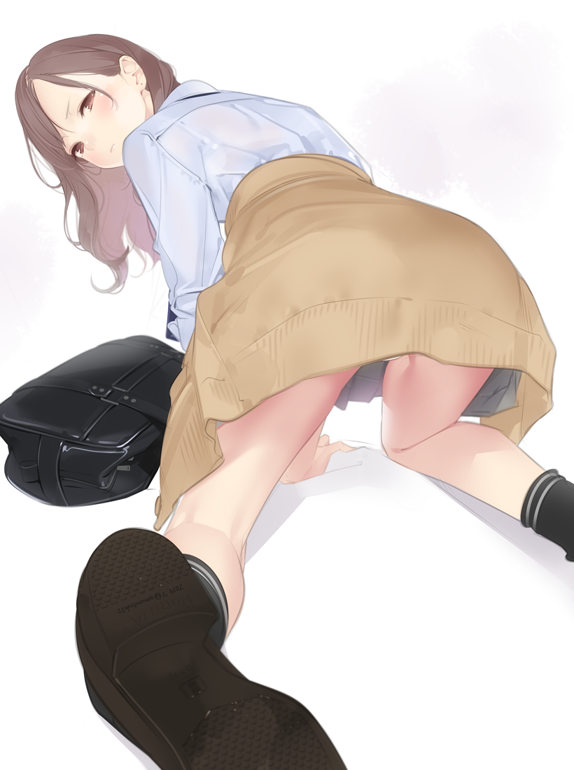 1girl all_fours ama_mitsuki ass bag beige_cardigan black_footwear blush brown_eyes cardigan_around_waist collared_shirt commentary_request embarrassed eyebrows_visible_through_hair from_behind light_brown_hair long_hair long_sleeves looking_back original school_bag school_uniform shirt shoes simple_background socks solo tareme thighs white_background white_shirt