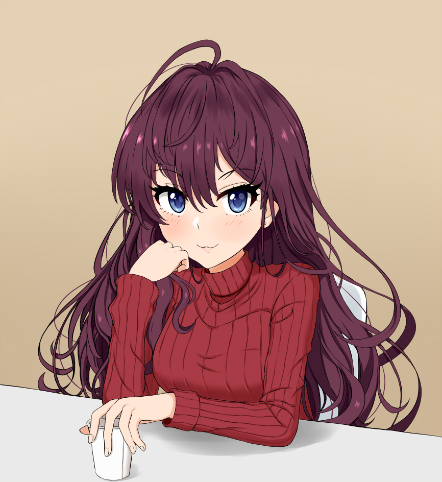 1girl :3 ahoge alternate_costume blue_eyes blush chair cup fingernails head_on_hand ichinose_shiki idolmaster idolmaster_cinderella_girls leaning_forward lips long_hair looking_at_viewer nichijo purple_hair red_sweater ribbed_sweater simple_background sitting solo sweater table tan_background turtleneck turtleneck_sweater upper_body