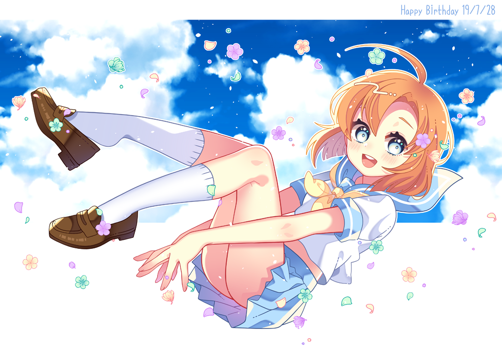 1girl :d ahoge bangs blue_eyes blue_sailor_collar blue_skirt blue_sky blush brown_flower brown_footwear brown_hair clouds cloudy_sky commentary_request dated day eyebrows_behind_hair flower full_body green_flower hair_between_eyes happy_birthday higurashi_no_naku_koro_ni ie_(nyj1815) knee_up kneehighs leg_up loafers looking_at_viewer neckerchief open_mouth petals pleated_skirt purple_flower round_teeth ryuuguu_rena sailor_collar school_uniform serafuku shirt shoes short_sleeves skirt sky smile solo teeth upper_teeth white_legwear white_shirt yellow_neckwear