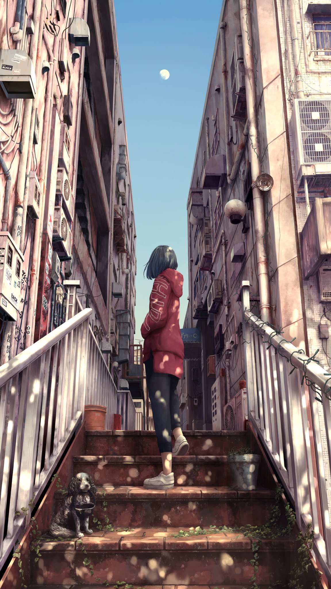 1girl alley black_pants blue_sky building christmas_lights city cityscape commentary_request day dog fan from_below graffiti highres hood hoodie lamppost moon origin original outdoors pants pot railing red_hoodie road shoes sky sneakers stairs standing vent_(object) white_footwear winter_parasol