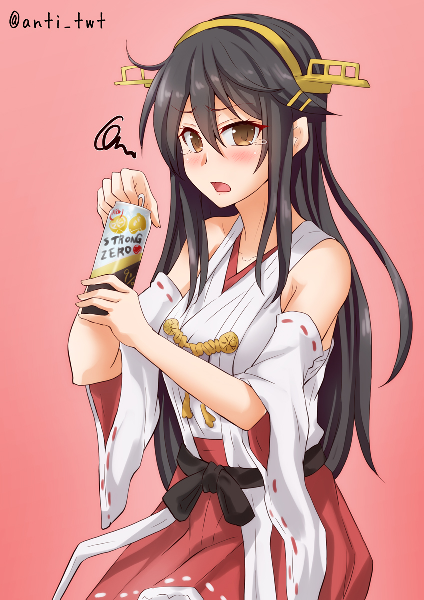 1girl anti_(untea9) bare_shoulders black_hair blush brown_eyes can commentary_request crying detached_sleeves hair_ornament hairclip haruna_(kantai_collection) headgear highres holding holding_can kantai_collection long_hair looking_at_viewer nontraditional_miko open_mouth pink_background red_skirt remodel_(kantai_collection) simple_background skirt solo strong_zero twitter_username