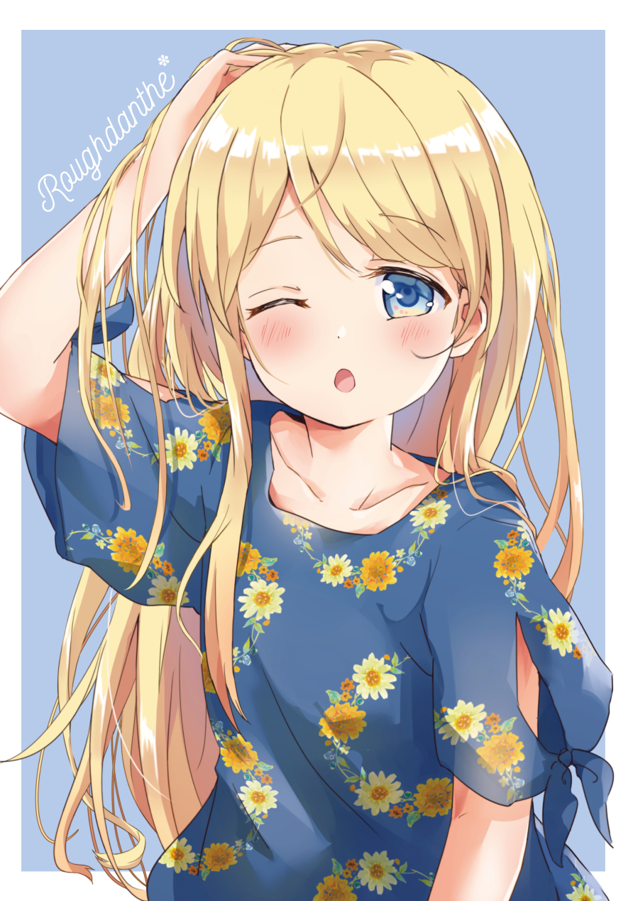 1girl blonde_hair blue_background blue_eyes blue_shirt blush border collarbone commentary_request eyebrows_visible_through_hair floral_print hand_on_own_head highres kin-iro_mosaic kujou_karen long_hair looking_at_viewer one_eye_closed open_mouth outside_border shirt short_sleeves solo ugchoco