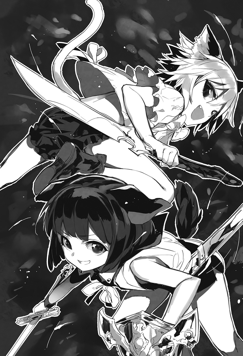 2girls :d animal_ear_fluff animal_ears bangs boots bow bowtie cat_ears cat_tail death_march_kara_hajimaru_isekai_kyousoukyoku dog_ears dog_tail eyebrows_visible_through_hair fang greyscale highres holding holding_shield holding_sword holding_weapon looking_at_viewer monochrome multicolored_hair multiple_girls novel_illustration official_art open_mouth pochi_(death_march) shield shirt short_shorts short_sleeves shorts shri smile sword tail tama_(death_march) two-tone_hair weapon