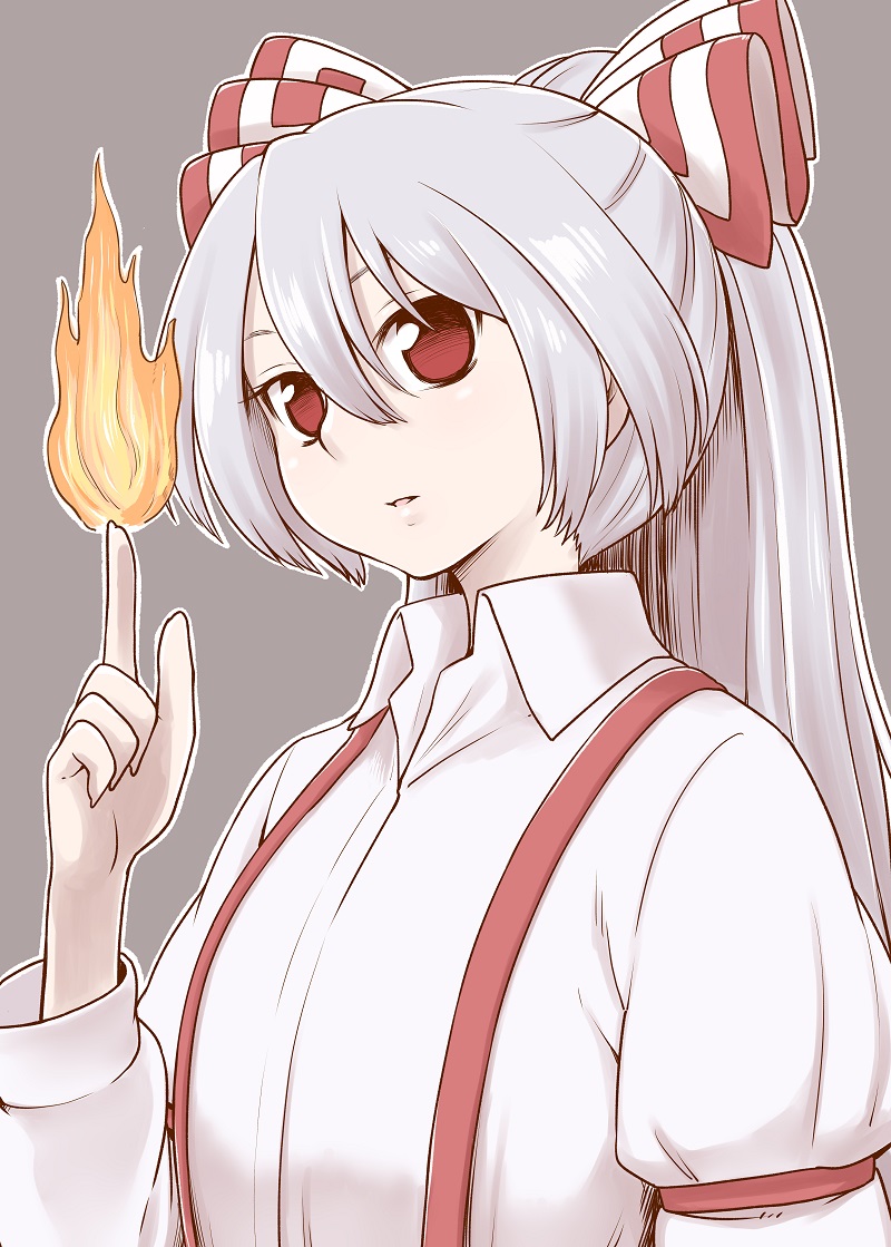 1girl bangs bow commentary_request fire flame fujiwara_no_mokou grey_background hair_between_eyes hair_bow hand_up index_finger_raised juliet_sleeves long_hair long_sleeves looking_at_viewer outline parted_lips ponytail poronegi puffy_sleeves red_eyes shirt silver_hair simple_background solo suspenders touhou upper_body white_bow white_outline white_shirt wing_collar