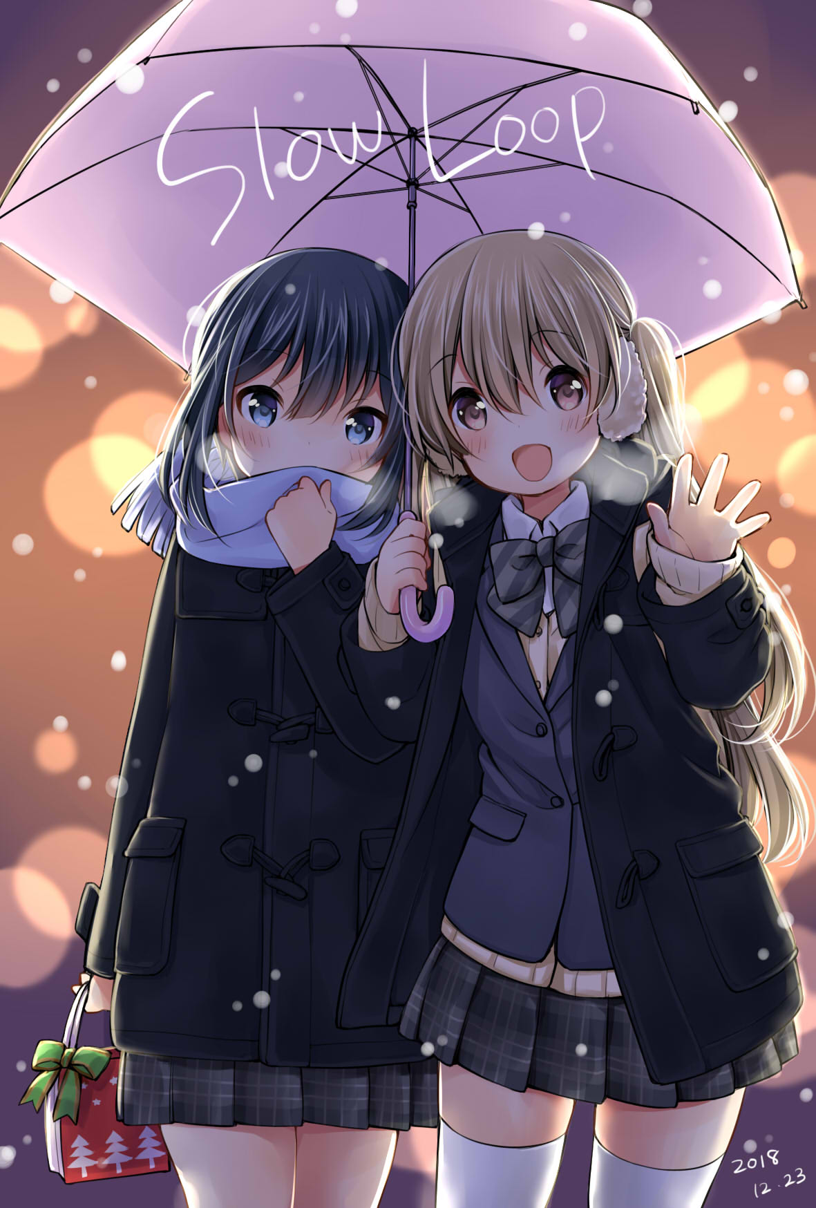 2girls :d bag black_coat black_hair black_skirt blazer blue_eyes blush bow breath brown_eyes brown_hair cardigan character_request christmas coat collared_shirt copyright_name dated earmuffs english_text eyebrows_visible_through_hair green_bow hair_between_eyes head_tilt highres holding holding_umbrella jacket looking_at_viewer multiple_girls night number open_clothes open_coat open_mouth outdoors pleated_skirt purple_scarf scarf school_uniform shirt skirt slow_loop smile striped striped_bow uchino_maiko umbrella waving white_shirt wing_collar