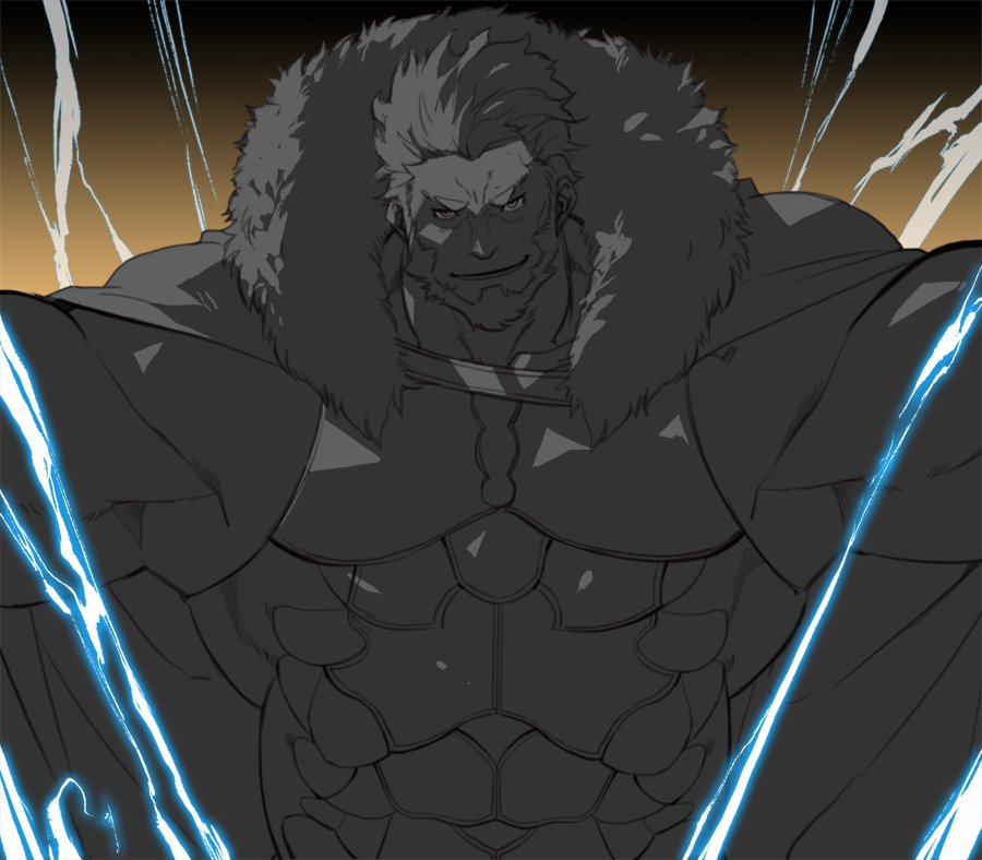 1boy armor bara beard cape chest facial_hair fate/grand_order fate_(series) gomtang greyscale leather lightning looking_at_viewer male_focus manly monochrome muscle rider_(fate/zero) simple_background smile upper_body