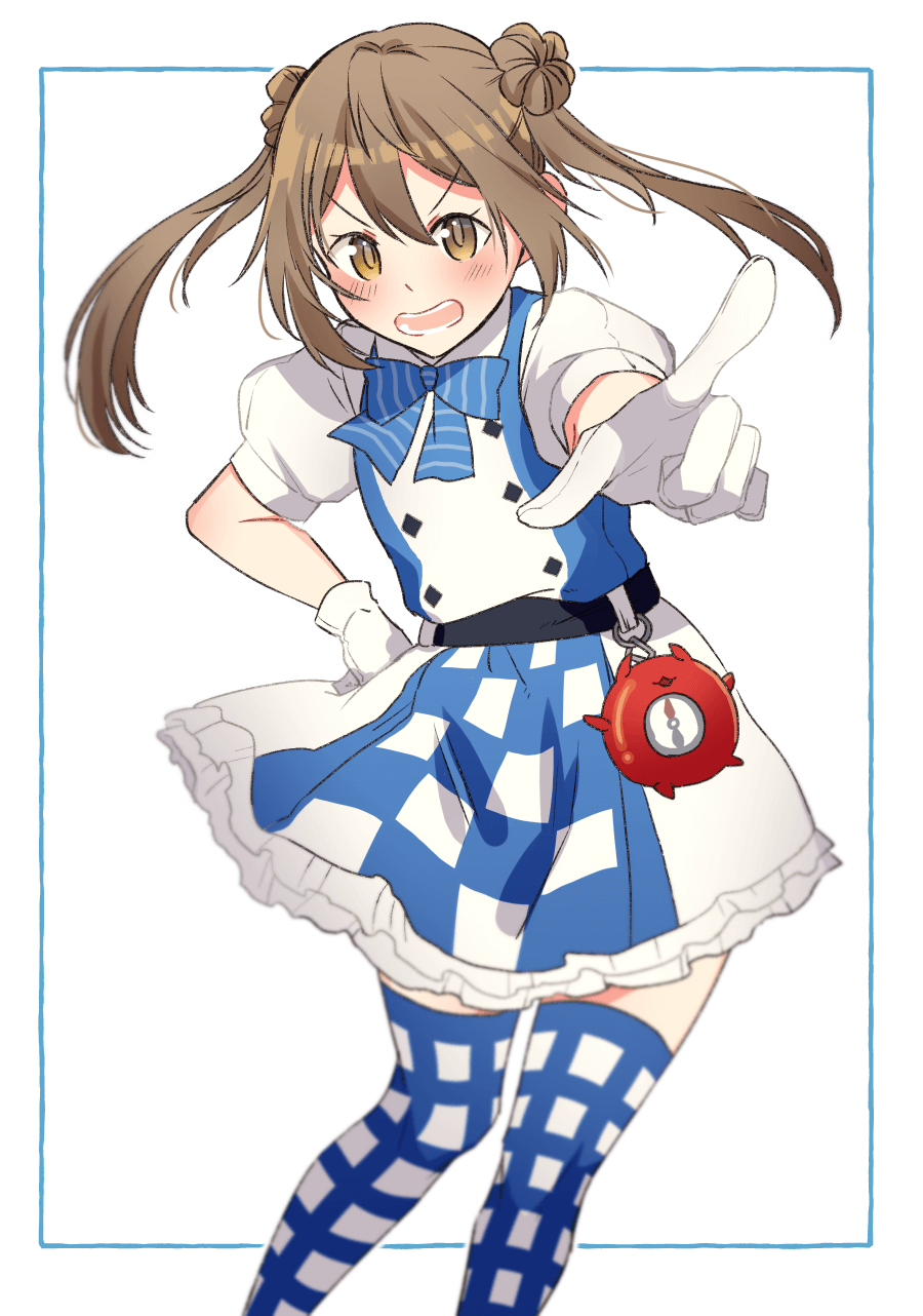 &gt;:o 1girl blue_dress blue_legwear blush bow bowtie brown_eyes brown_hair checkered checkered_dress checkered_legwear double_bun dress gloves highres kantai_collection looking_at_viewer michishio_(kantai_collection) pointing pointing_at_viewer short_twintails solo tanaka_io_(craftstudio) twintails white_gloves