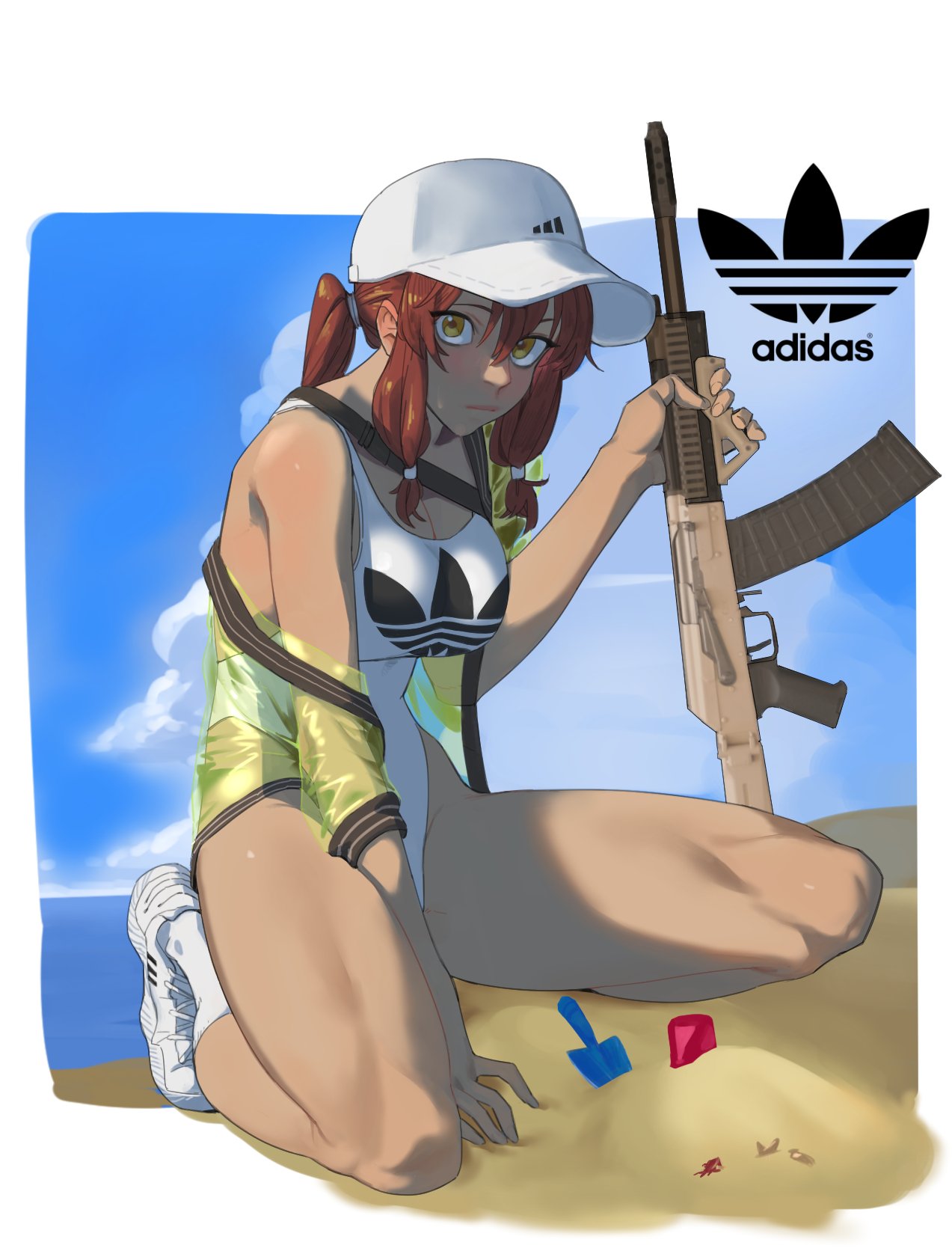 1girl adidas alternate_costume baseball_cap beach blue_sky breasts girls_frontline hat highres hong_doo_jv logo medium_breasts one-piece_swimsuit ponytail redhead saiga-12 saiga-12_(girls_frontline) sand_castle sand_sculpture shoes sky sneakers socks solo swimsuit twintails yellow_eyes