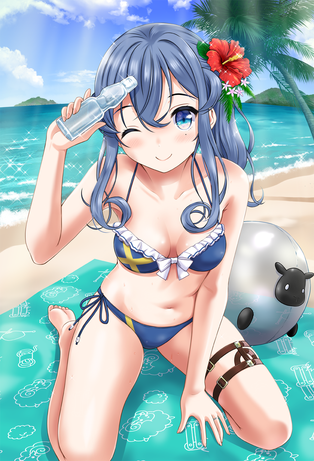 1girl ;) alternate_costume ball bangs bare_shoulders beach beach_towel bikini blue_eyes blue_hair blue_sky blush breasts closed_mouth clouds collarbone commentary_request day drink eyebrows_visible_through_hair flower frilled_bikini frills gotland_(kantai_collection) hair_between_eyes hair_flower hair_ornament highres holding jewelry kantai_collection long_hair looking_at_viewer medium_breasts mole mole_under_eye navel neko_danshaku ocean one_eye_closed outdoors palm_tree ramune ring sand seiza sheep side-tie_bikini sitting sky smile solo sweat swimsuit thigh_strap towel tree water wedding_band