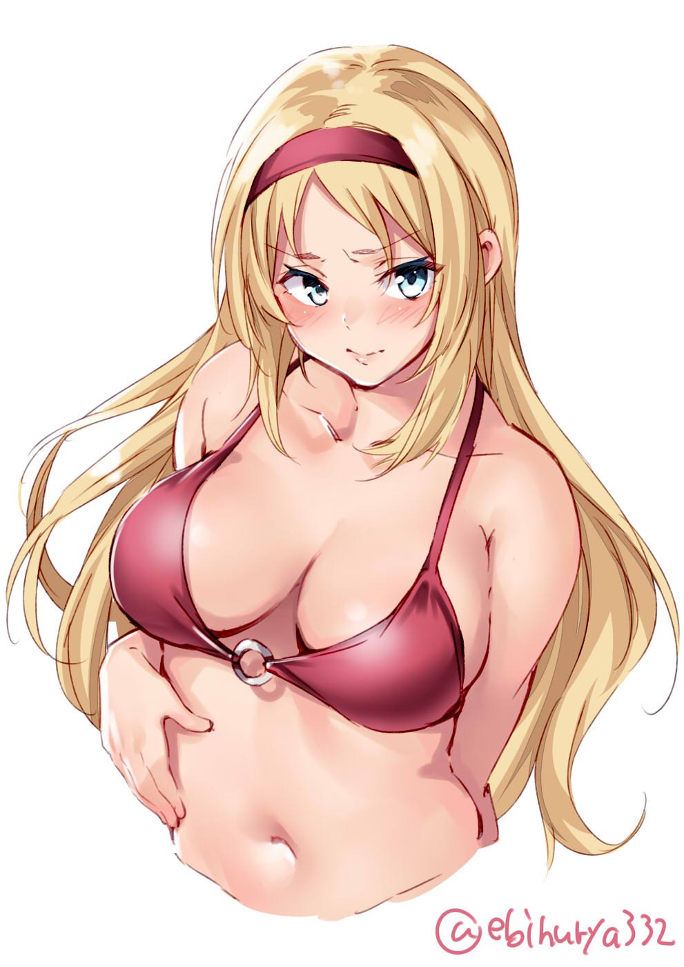 1girl alternate_costume bikini blonde_hair blue_eyes blush breasts closed_mouth ebifurya eyebrows_visible_through_hair hair_between_eyes headband highres kantai_collection large_breasts long_hair looking_at_viewer navel nelson_(kantai_collection) red_bikini red_headband simple_background solo swimsuit white_background