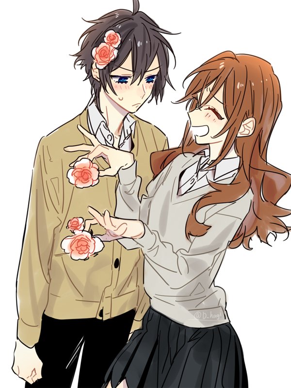 &gt;:( 1boy 1girl black_hair black_pants blue_eyes blush brown_hair closed_eyes collar collared_shirt eyebrows eyebrows_visible_through_hair eyelashes flower hagiwara_daisuke hair_flower hair_ornament holding holding_flower hori-san_to_miyamura-kun hori_kyouko laughing messy_hair miyamura_izumi open_eyes pants rose shirt simple_background skirt watermark white_background