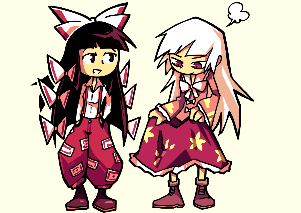 2girls ankle_boots baggy_pants black_hair boots bow brown_eyes brown_footwear collared_shirt cosplay costume_switch fujiwara_no_mokou hair_bow hime_cut holding_skirt houraisan_kaguya long_hair long_sleeves looking_at_another looking_down multiple_bows multiple_girls pants pink_shirt red_eyes red_pants red_skirt setz shirt simple_background skirt suspenders touhou white_bow white_hair white_neckwear white_shirt wide_sleeves