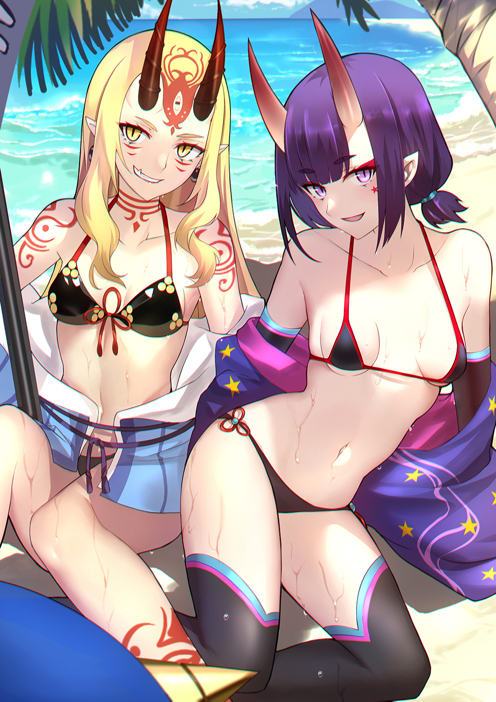 2girls bangs bare_shoulders beach bikini black_bikini black_legwear blush breasts collarbone detached_sleeves earrings eyeliner facial_mark fang fang_out fate/grand_order fate_(series) forehead_mark grin highres horns ibaraki_douji_(fate/grand_order) ibaraki_douji_(swimsuit_lancer)_(fate) jewelry long_hair looking_at_viewer low_twintails makeup micro_bikini multiple_girls navel ocean oni oni_horns open_mouth pointy_ears polearm purple_hair sash shiguru short_hair short_twintails shuten_douji_(fate/grand_order) shuten_douji_(halloween_caster)_(fate) small_breasts smile spear star star_print star_tattoo swimsuit tattoo thighs twintails violet_eyes weapon wet yellow_eyes