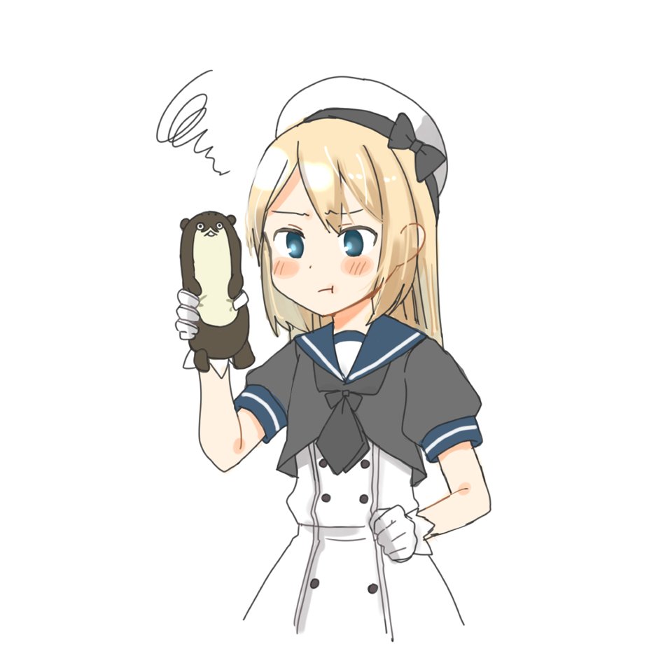 1girl blonde_hair blue_eyes blue_sailor_collar bokukawauso_(kantai_collection) commentary_request cowboy_shot dress gloves hat jervis_(kantai_collection) kantai_collection otter pout sailor_collar sailor_dress sailor_hat short_sleeves simple_background solo stuffed_otter stuffed_toy white_background white_dress white_gloves white_headwear