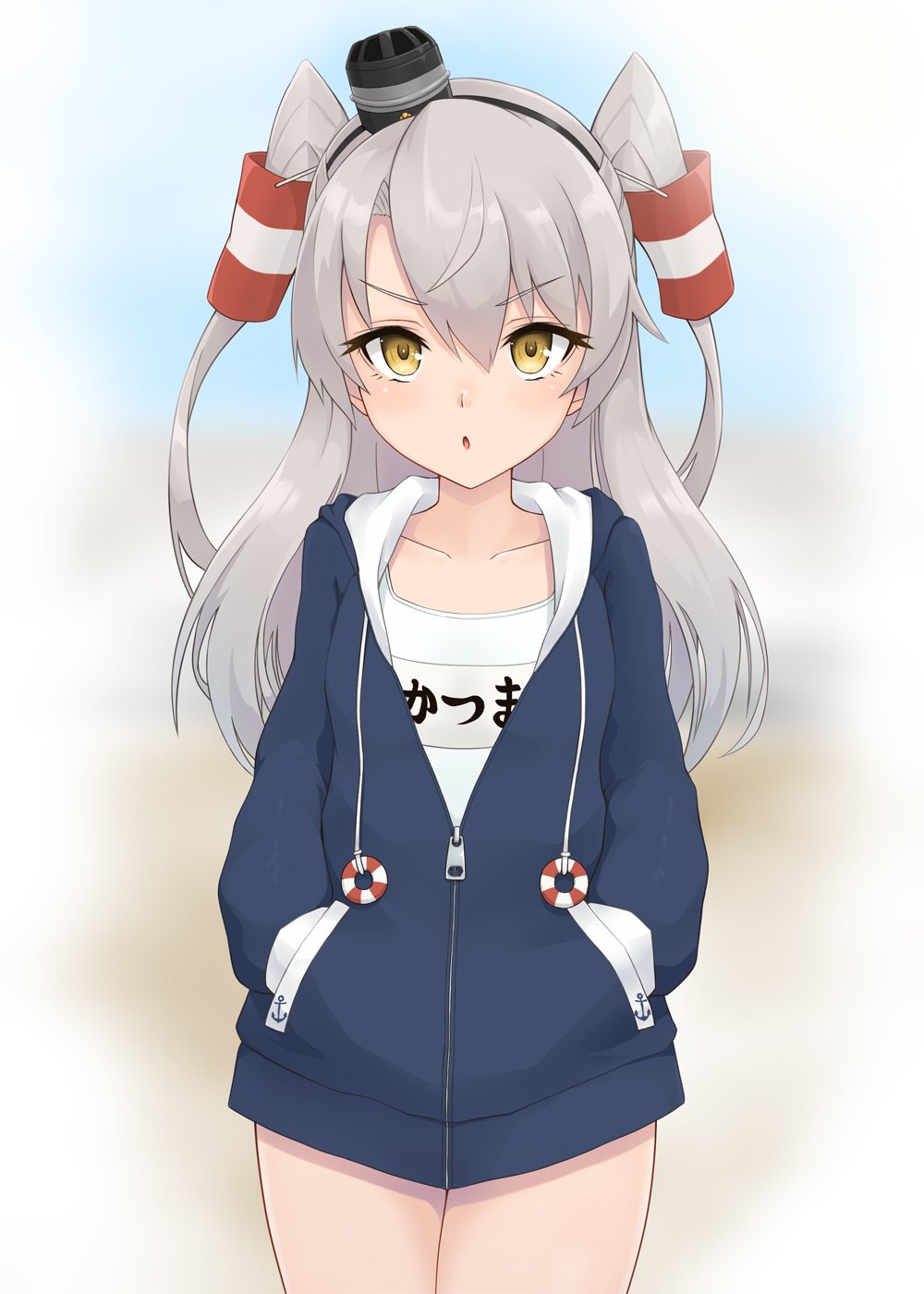 1girl amatsukaze_(kantai_collection) anchor anchor_symbol bangs blush collarbone eyebrows_visible_through_hair eyelashes hair_tubes hands_in_pockets highres hood hood_down hooded_jacket innertube jacket kantai_collection long_hair long_sleeves mmt_uf name_tag one-piece_swimsuit parted_lips pocket silver_hair simple_background solo swimsuit swimsuit_under_clothes two_side_up yellow_eyes zipper