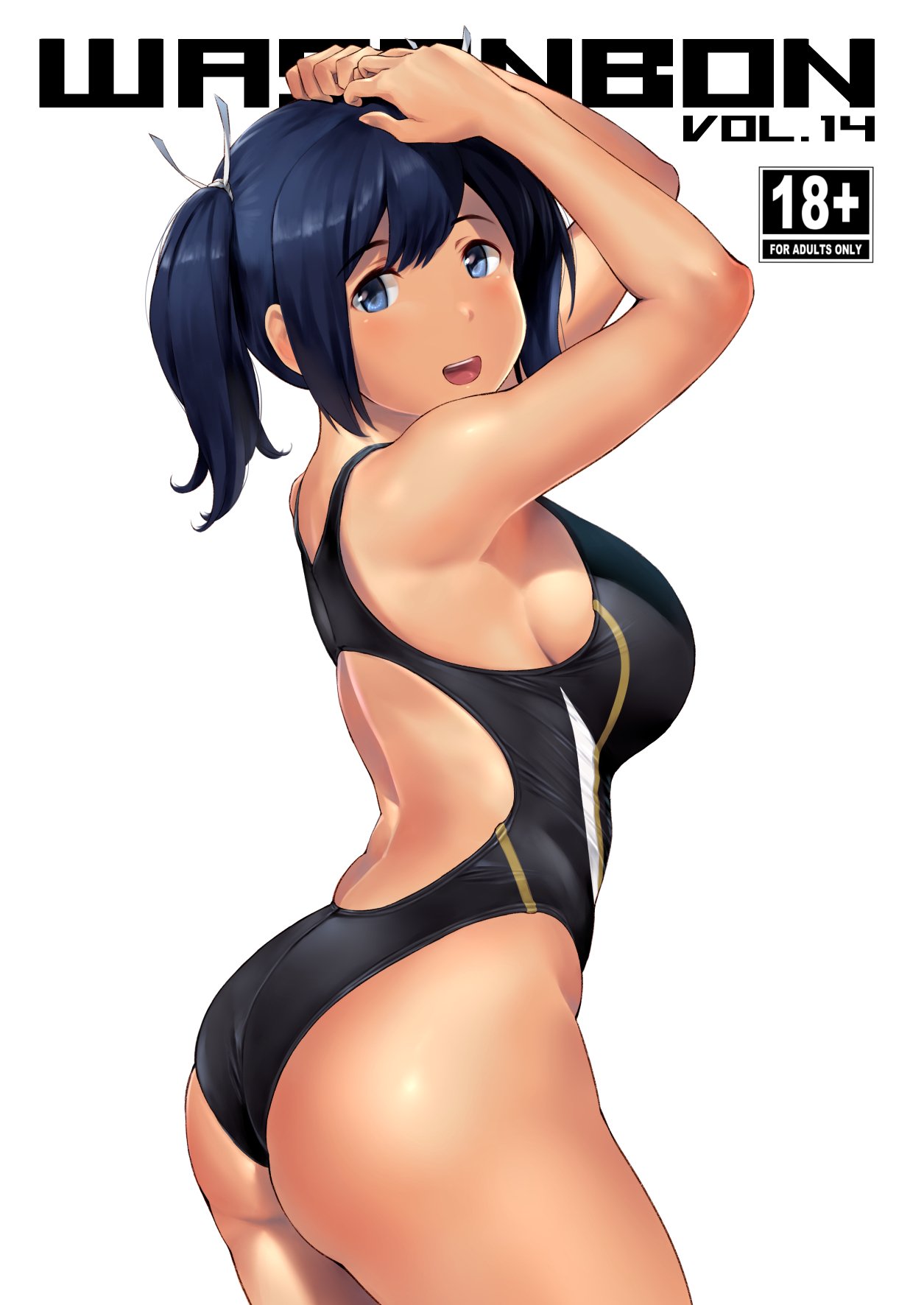 1girl alternate_costume arms_up ass back bangs bare_shoulders black_swimsuit blue_eyes blue_hair blush breasts commentary_request competition_swimsuit cover cover_page cowboy_shot doujin_cover eyebrows_visible_through_hair from_side hair_between_eyes highleg highleg_swimsuit highres kantai_collection large_breasts looking_at_viewer one-piece_swimsuit open_mouth ribbon short_hair sideboob simple_background skindentation smile solo souryuu_(kantai_collection) standing swimsuit twintails wa_(genryusui) white_background white_ribbon