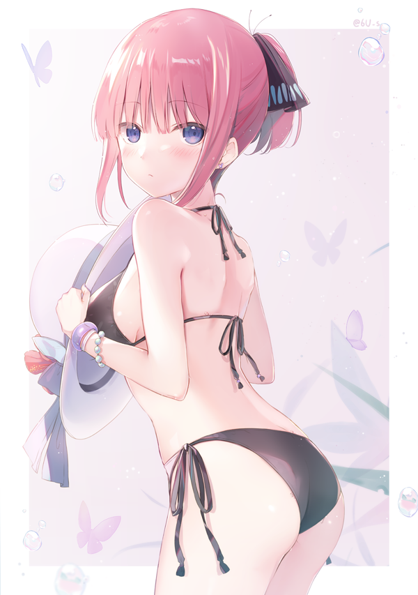 1girl 6u_(eternal_land) alternate_hairstyle ass back bare_arms bare_shoulders bikini black_bikini blue_eyes breasts bubble bug butterfly closed_mouth commentary_request cowboy_shot go-toubun_no_hanayome hair_ornament hat hat_ribbon headwear_removed holding holding_hat insect long_hair looking_at_viewer looking_to_the_side medium_breasts nakano_nino pink_hair ponytail ribbon side-tie_bikini sidelocks solo standing sun_hat swimsuit thighs twitter_username