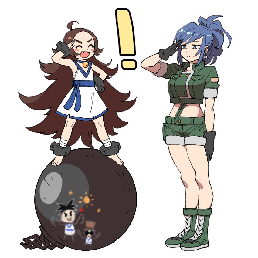 ! 2girls ball ball_and_chain bangs barefoot blue_hair blush boots brown_hair chain chang_koehan crop_top earrings forehead full_body genderswap genderswap_(mtf) gloves height_difference jewelry leona_heidern long_hair looking_at_another midriff multiple_girls nhadraw open_mouth parted_bangs ponytail salute short_hair shorts smile the_king_of_fighters