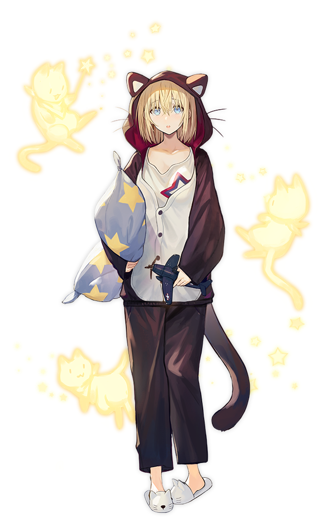 1girl :o aircraft animal_hood azur_lane bataan_(azur_lane) blonde_hair blue_eyes buttons cat cat_tail collarbone f6f_hellcat fake_whiskers full_body hair_between_eyes holding hood hoodie long_sleeves looking_at_viewer nin official_art pajamas parted_lips pillow shirt short_hair sidelocks slippers solo spirit standing star tail transparent_background white_shirt