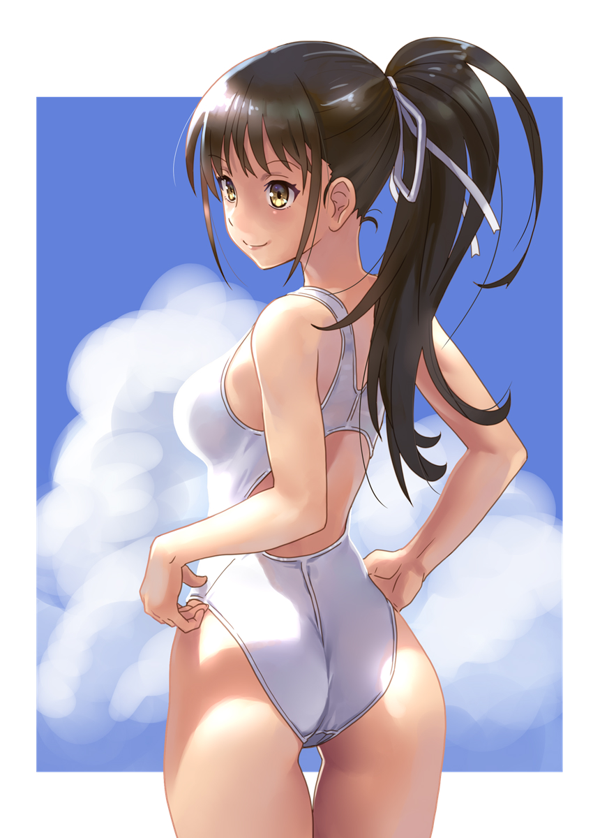 1girl adjusting_clothes adjusting_swimsuit ass blue_sky breasts brown_eyes brown_hair closed_mouth clouds commentary_request competition_swimsuit cowboy_shot from_behind hair_ribbon hands_on_hips highres katahira_masashi long_hair looking_away looking_to_the_side medium_breasts one-piece_swimsuit original ponytail ribbon sky smile solo swimsuit thigh_gap white_swimsuit