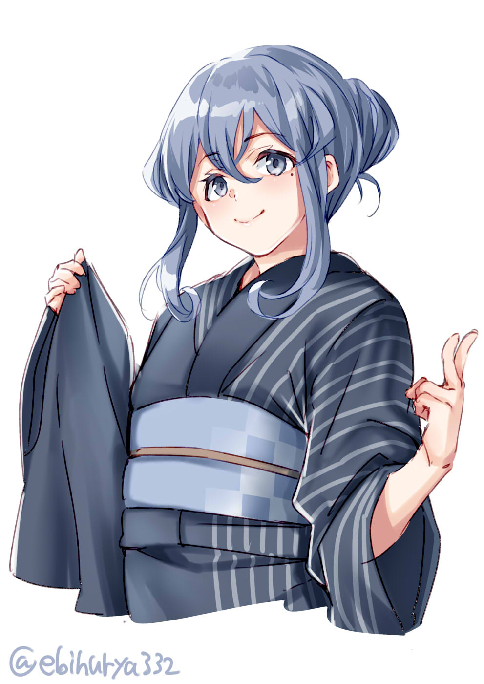 1girl alternate_costume blue_eyes blue_hair blue_kimono blush closed_mouth ebifurya eyebrows_visible_through_hair flat_chest gotland_(kantai_collection) hair_between_eyes hair_bun highres japanese_clothes kantai_collection kimono long_hair long_sleeves looking_at_viewer mole mole_under_eye simple_background smile solo upper_body white_background wide_sleeves yukata