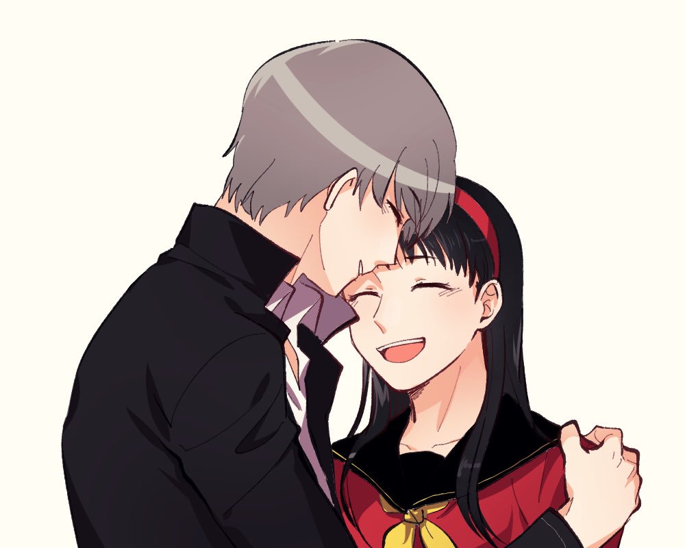 1boy 1girl amagi_yukiko atlus black_hair cardigan closed_eyes couple gakuran greyhair hairband holding_another's_arm long_hair love megami_tensei narukami_yuu persona persona_4 red_sweater school_uniform short_hair sweater yasogami_school_uniform