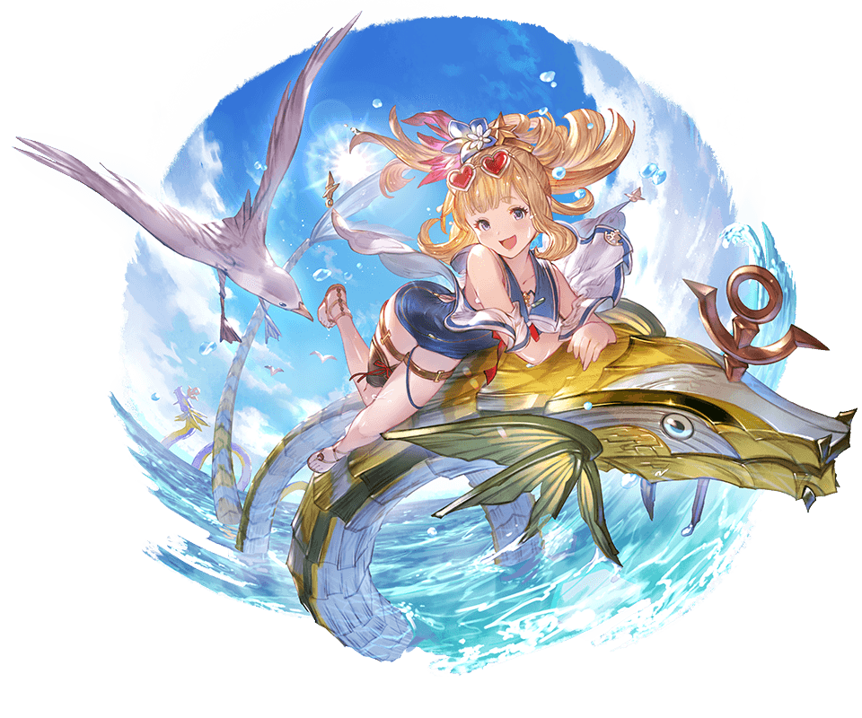 1girl :d alpha_transparency bangs bird blonde_hair blue_flower blue_sky blue_swimsuit blush cagliostro_(granblue_fantasy) clouds collarbone eyebrows_visible_through_hair flower full_body granblue_fantasy hair_flower hair_ornament heart heart-shaped_eyewear lens_flare long_hair looking_at_viewer minaba_hideo ocean official_art one-piece_swimsuit open_mouth ponytail revision seagull sky smile solo sun sunglasses swimsuit thigh_strap transparent_background violet_eyes water wet white_flower