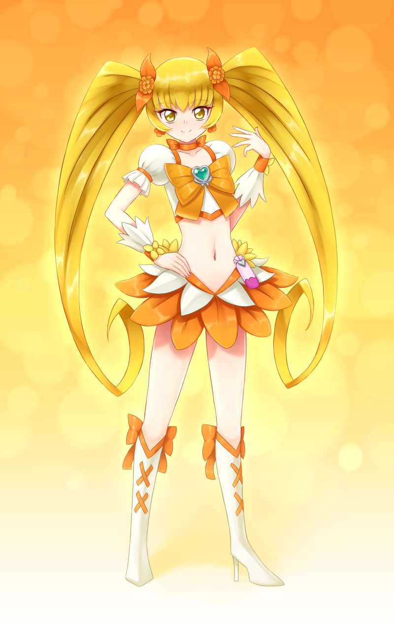 1girl aposine blonde_hair blush boots choker closed_mouth commentary cure_sunshine english_commentary eyebrows_visible_through_hair hand_on_hip head_tilt heartcatch_precure! high_heels highres long_hair looking_at_viewer myoudouin_itsuki navel precure puffy_short_sleeves puffy_sleeves short_sleeves skirt smile solo standing twintails very_long_hair white_footwear wrist_cuffs yellow_eyes