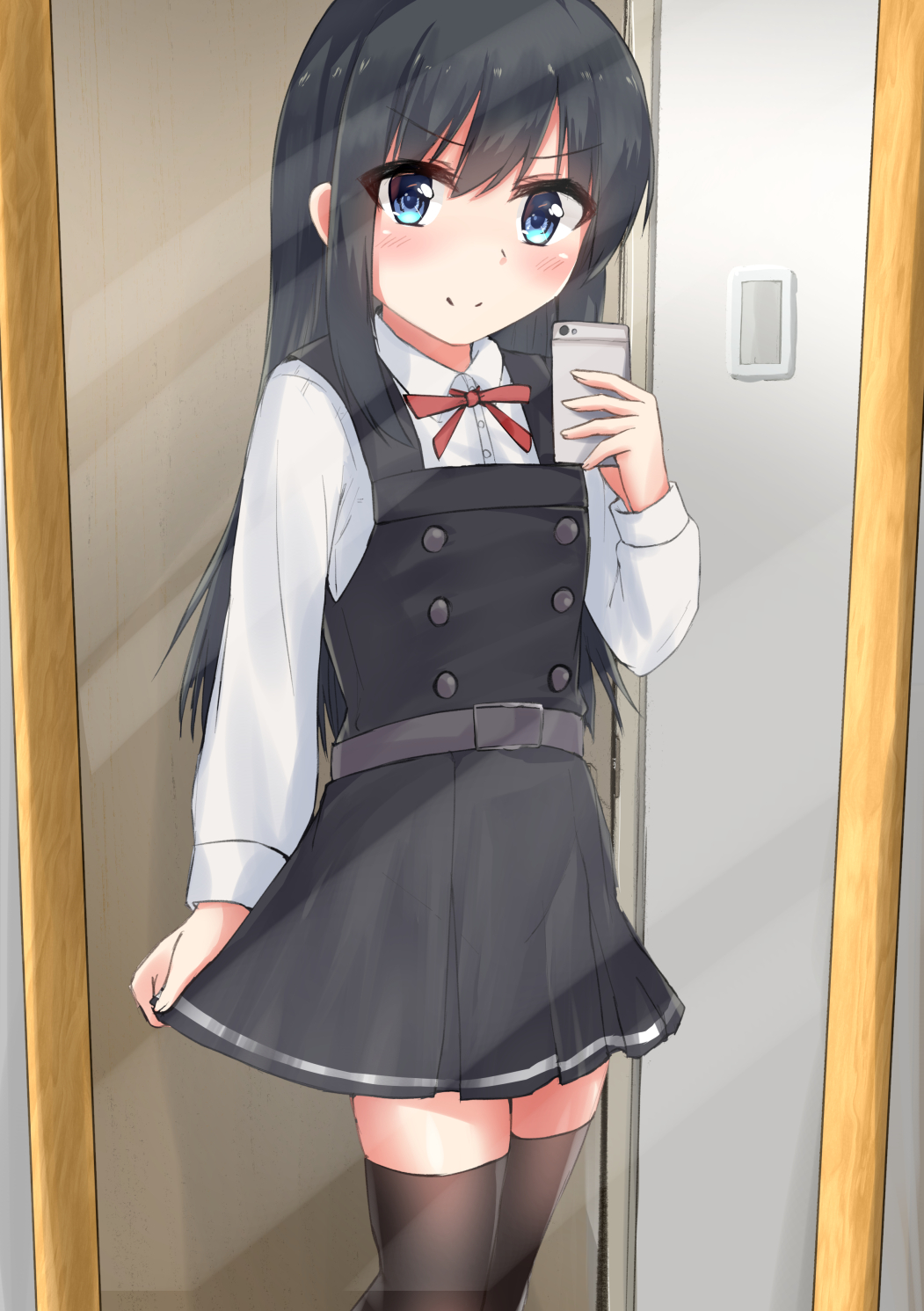 1girl asashio_(kantai_collection) belt black_hair black_legwear blue_eyes buttons cellphone collared_shirt cowboy_shot door dress eyebrows_visible_through_hair feet_out_of_frame flat_chest hair_between_eyes highres holding holding_cellphone holding_phone indoors kantai_collection long_hair long_sleeves mirror neck_ribbon phone pinafore_dress pleated_skirt red_neckwear red_ribbon remodel_(kantai_collection) ribbon rokosu_(isibasi403) school_uniform self_shot shirt skirt skirt_hold smartphone smile solo taking_picture thigh-highs white_shirt