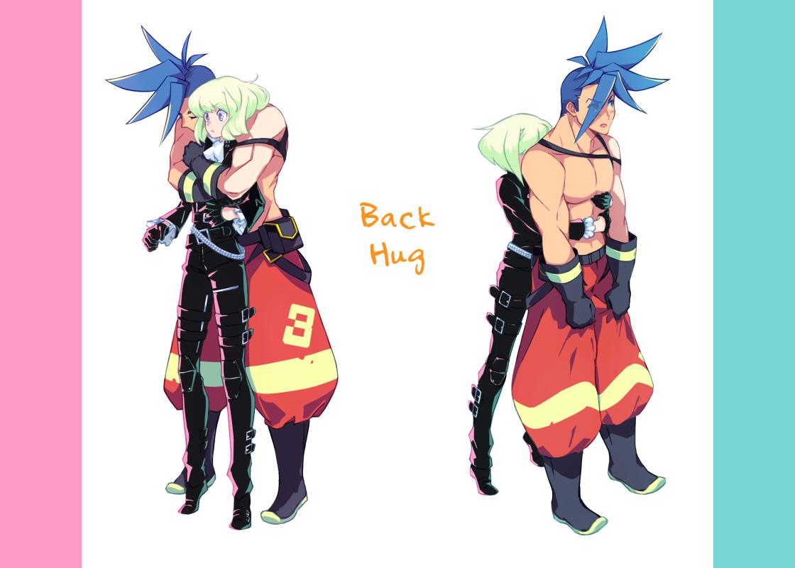 2boys baggy_pants bangs belt biker_clothes black_gloves black_jacket blue_eyes blue_hair blush c_kihara chest cravat galo_thymos gloves green_hair half_gloves hug hug_from_behind jacket lio_fotia long_sleeves male_focus multiple_belts multiple_boys open_mouth pants promare shirtless short_hair size_difference spiky_hair violet_eyes yaoi