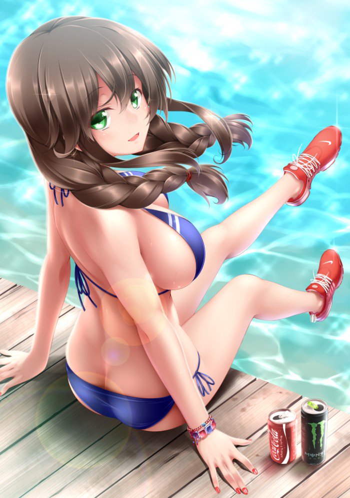 1girl arm_support ass bangs bare_shoulders bikini blue_bikini blue_eyes boardwalk braid breasts brown_hair coca-cola green_eyes kantai_collection large_breasts long_hair looking_at_viewer looking_back midoriiro_no_shinzou monster no_socks noshiro_(kantai_collection) open_mouth red_footwear red_nails shoes sitting smile sneakers solo sweat swept_bangs swimsuit twin_braids water