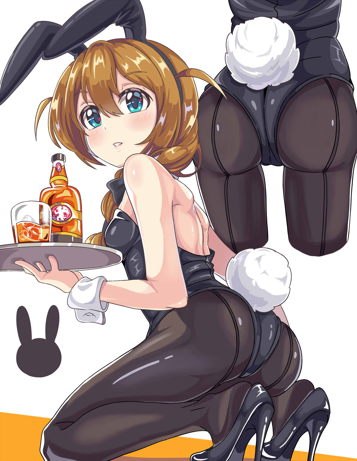 alcohol animal_ears aqua_eyes baba_konomi backless_outfit bare_shoulders black_footwear black_legwear black_leotard bottle bow bowtie braid breasts brown_hair bunny_girl bunny_tail bunnysuit cup detached_collar drinking_glass fake_animal_ears hair_between_eyes hair_over_shoulder high_heels highres idolmaster idolmaster_million_live! leotard long_hair looking_at_viewer looking_down pantyhose rabbit_ears single_braid small_breasts squatting strapless strapless_leotard tail takezaka_tarou tray whiskey white_background wrist_cuffs