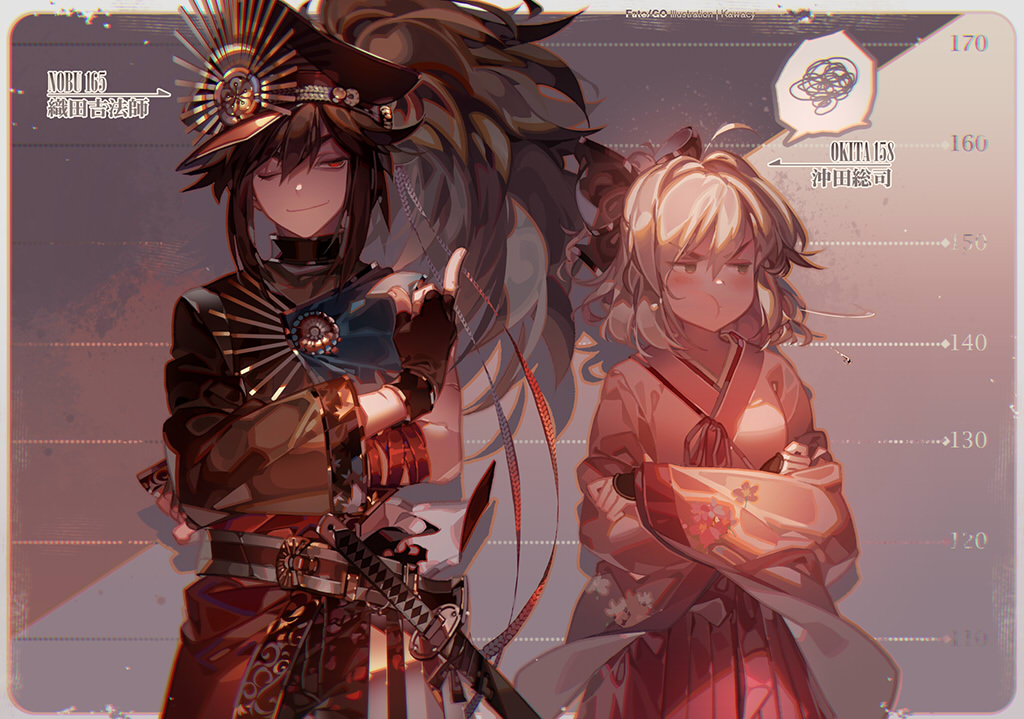 1boy 1girl ahoge bangs black_hair black_ribbon commentary_request cowboy_shot crossed_arms fate/grand_order fate_(series) hair_ribbon hakama hat height_chart height_conscious height_difference japanese_clothes jitome katana kawacy kimono koha-ace long_hair long_sleeves looking_away middle_finger military_hat oda_kippoushi_(fate) oda_uri okita_souji_(fate) okita_souji_(fate)_(all) one_eye_closed one_side_up platinum_blonde_hair ponytail pout red_eyes ribbon sheath sheathed short_hair sidelocks smug standing sword weapon wide_sleeves yellow_eyes