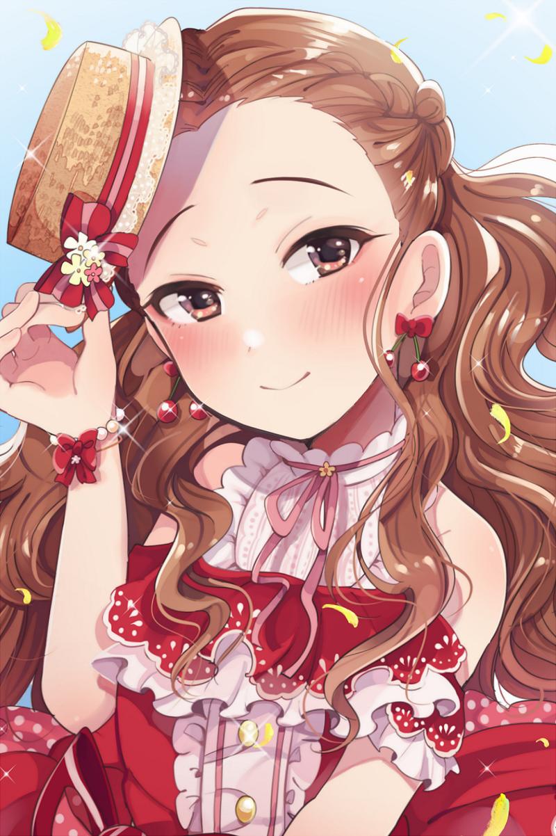 1girl bare_shoulders blue_background blush bow bracelet braid brown_eyes brown_hair buttons cherry_earrings commentary dress earrings flower food_themed_earrings forehead hair_pulled_back hand_on_headwear hand_up hat hat_bow hat_flower highres idolmaster idolmaster_cinderella_girls idolmaster_cinderella_girls_starlight_stage jewelry light_smile long_hair looking_at_viewer minami_m2 mini_hat neck_ribbon pearl_bracelet petals polka_dot red_dress ribbon seki_hiromi solo sparkle upper_body