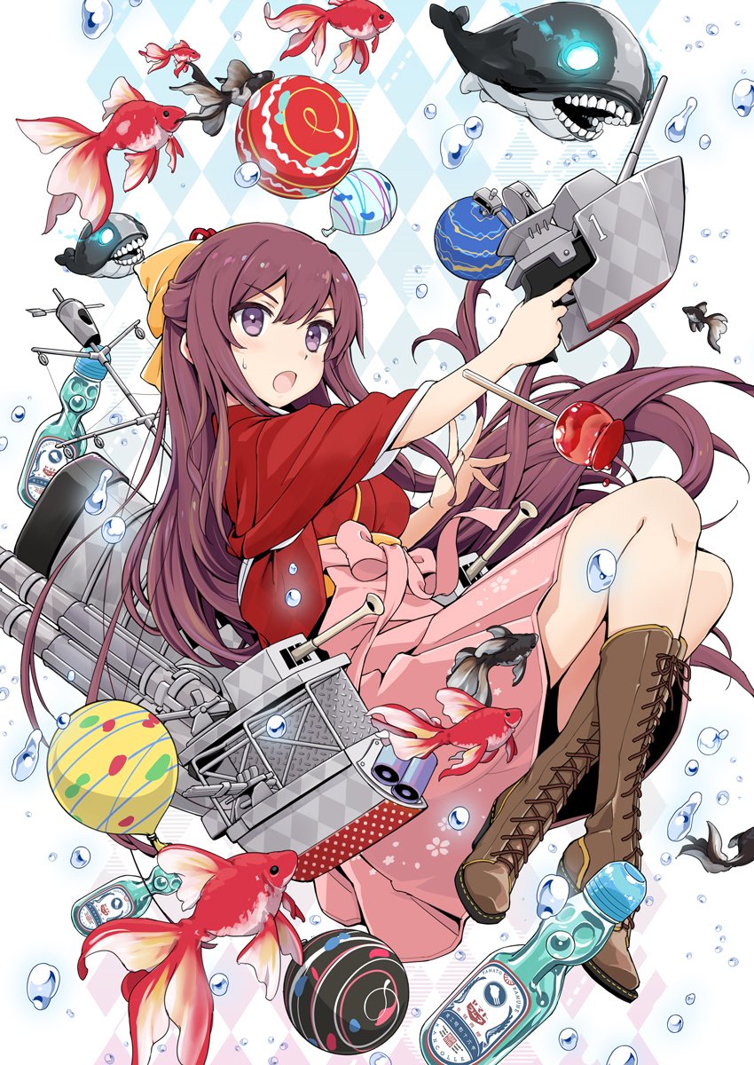 1girl 6+others adapted_turret aka_ringo balloon boots bottle bow brown_footwear commentary_request cross-laced_footwear fish full_body goldfish hair_bow hakama highres i-class_destroyer japanese_clothes kamikaze_(kantai_collection) kantai_collection kimono lace-up_boots long_hair machinery meiji_schoolgirl_uniform multiple_others pink_hakama purple_hair ramune red_kimono shinkaisei-kan smokestack violet_eyes yellow_bow