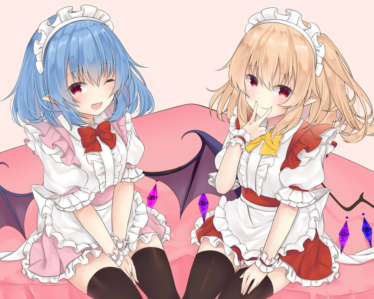 2girls ;d alternate_costume apron bangs black_legwear blonde_hair blue_hair blush bow bowtie center_frills commentary_request cowboy_shot crystal enmaided eyebrows_visible_through_hair fang flandre_scarlet frilled_apron frills hair_between_eyes hand_up looking_at_viewer maid maid_apron maid_headdress miniskirt multiple_girls one_eye_closed one_side_up open_mouth own_hands_together petticoat pink_background pink_skirt pointy_ears puffy_short_sleeves puffy_sleeves red_bow red_eyes red_neckwear red_skirt remilia_scarlet shirt short_hair short_sleeves siblings simple_background sisters sitting skin_fang skirt smile thigh-highs thighs tosakaoil touhou v v_arms waist_apron white_apron white_shirt wrist_cuffs yellow_bow yellow_neckwear