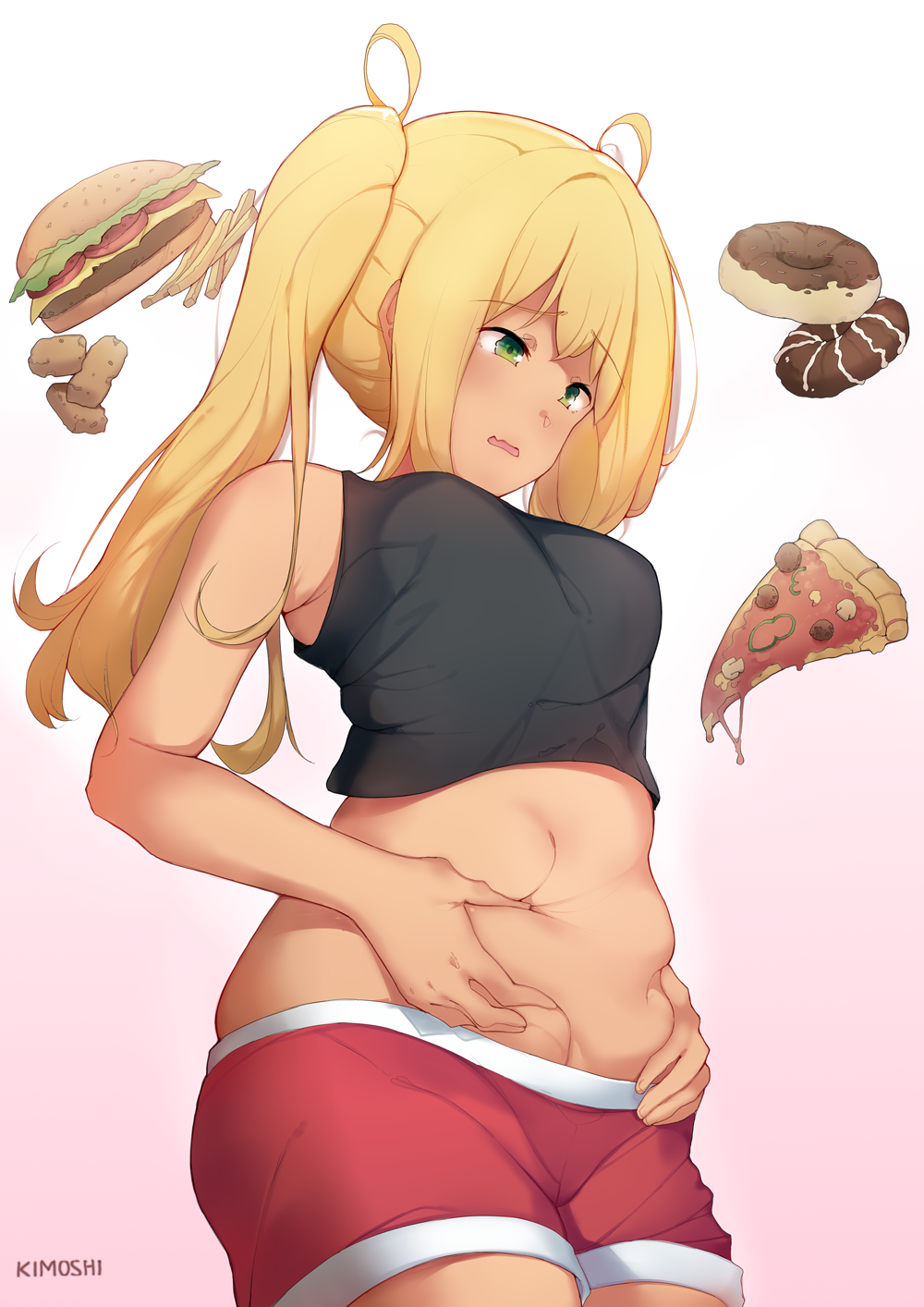 1girl artist_name black_shirt blonde_hair breasts danberu_nan_kiro_moteru? dark_skin deru06 doughnut eyebrows_visible_through_hair fang food french_fries from_below green_eyes hair_between_eyes hamburger highres long_hair midriff pizza red_shorts sakura_hibiki_(danberu_nan_kiro_moteru?) shirt short_shorts shorts skin_fang sleeveless sleeveless_shirt sportswear twintails