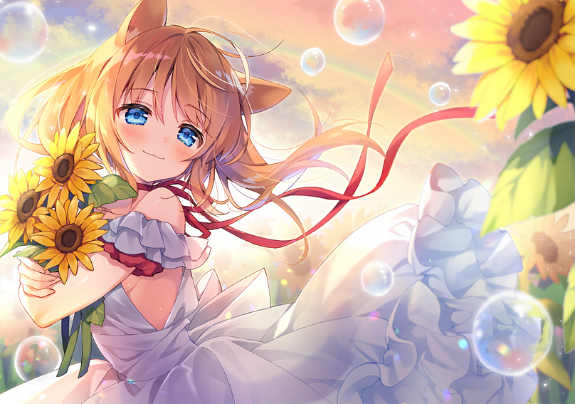 1girl animal_ears bangs bare_shoulders blue_eyes blush bouquet brown_hair bubble cat_ears closed_mouth clouds cloudy_sky commentary_request dress eyebrows_visible_through_hair fingernails flower hair_between_eyes long_hair object_hug off-shoulder_dress off_shoulder original outdoors rainbow red_ribbon ribbon sky smile solo suimya sunflower sunset white_dress yellow_flower