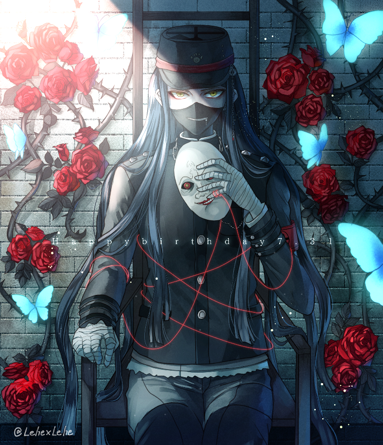 1boy bandaged_hands bandages black_hair bug butterfly chair commentary_request covered_mouth dangan_ronpa dated flower gakuran happy_birthday hat holding holding_mask insect jacket long_hair looking_at_viewer male_focus mask mask_removed new_dangan_ronpa_v3 peaked_cap red_eyes red_flower red_rose rose school_uniform shinguuji_korekiyo sitting solo string thorns white_mask yellow_eyes z-epto_(chat-noir86)