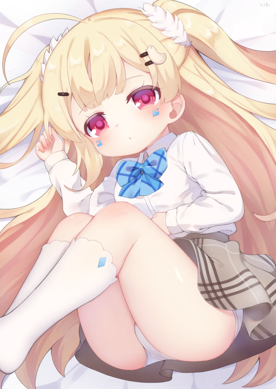 1girl ahoge ass azur_lane blonde_hair blue_bow blush bow brown_skirt closed_mouth collared_shirt commentary_request dress_shirt eldridge_(azur_lane) facial_mark feet_out_of_frame hair_ornament hairclip hand_up highres kneehighs koko_ne_(user_fpm6842) long_hair long_sleeves lying no_shoes on_side panties pleated_skirt red_eyes shirt skirt sleeves_past_wrists solo two_side_up underwear very_long_hair white_legwear white_panties white_shirt
