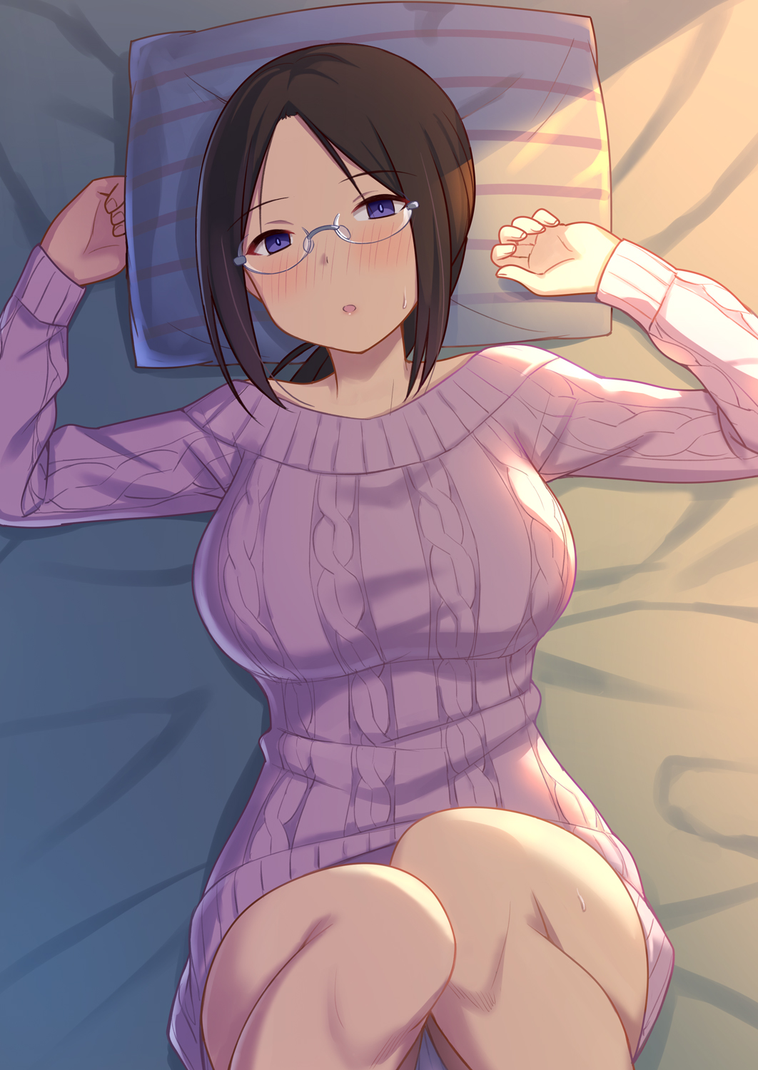 1girl :o aran_sweater bangs bed blush breasts brown_hair commentary_request empty_eyes eyebrows_visible_through_hair from_above glasses hands_up head_tilt highres hiyori_hamster knees_together_feet_apart knees_up large_breasts long_hair long_sleeves looking_at_viewer lying nose_blush on_back on_bed original panties pantyshot pantyshot_(lying) parted_bangs pillow pink_sweater ponytail rimless_eyewear sidelocks solo striped_pillow sunlight sweat sweater teacher underwear violet_eyes white_panties