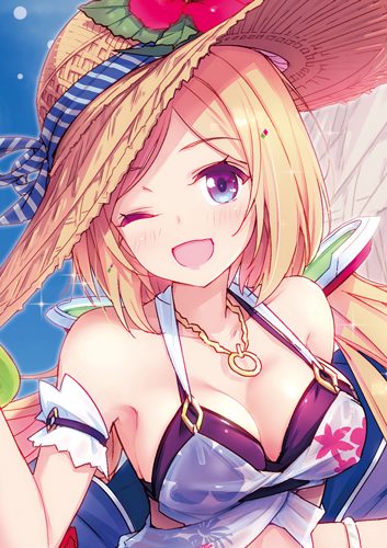 1girl aki_rosenthal azumi_akitake bikini_top blonde_hair blush commentary detached_hair hair_ornament hat hololive long_hair looking_at_viewer lowres one_eye_closed open_mouth smile sun_hat swimsuit twintails violet_eyes virtual_youtuber