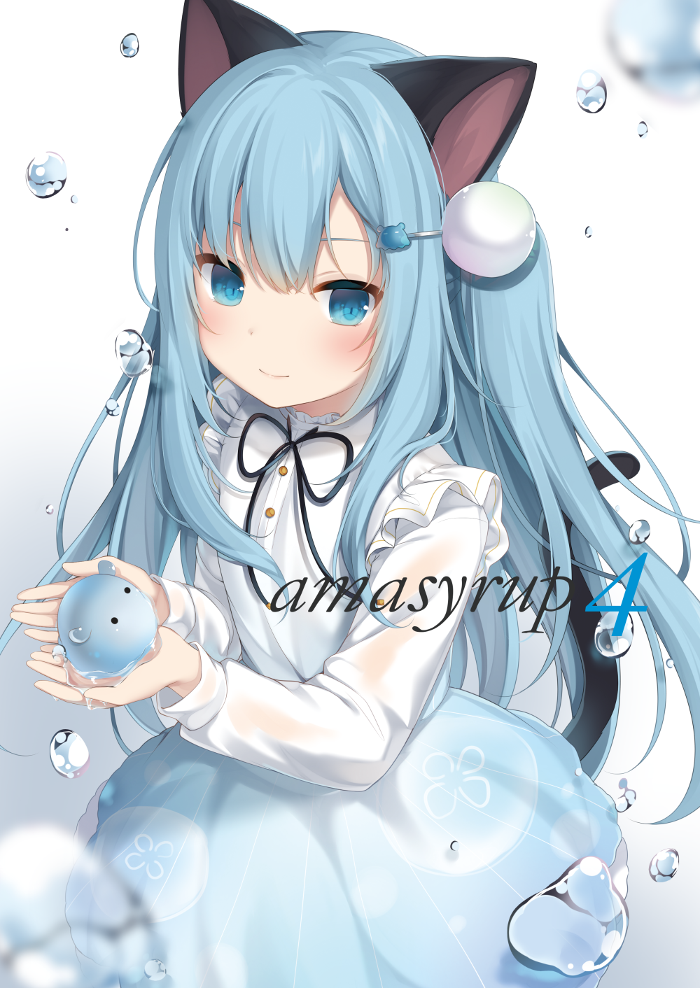 1girl amashiro_natsuki animal_ears bangs black_ribbon blue_eyes blue_hair blue_skirt blush cat_ears cat_girl cat_tail closed_mouth commentary_request cover cover_page dress_shirt eyebrows_behind_hair gradient gradient_background grey_background hair_between_eyes hair_ornament hairclip highres holding long_hair long_sleeves looking_at_viewer neck_ribbon nekoha_shizuku original ribbon see-through shirt skirt smile solo tail very_long_hair water_drop white_background white_shirt