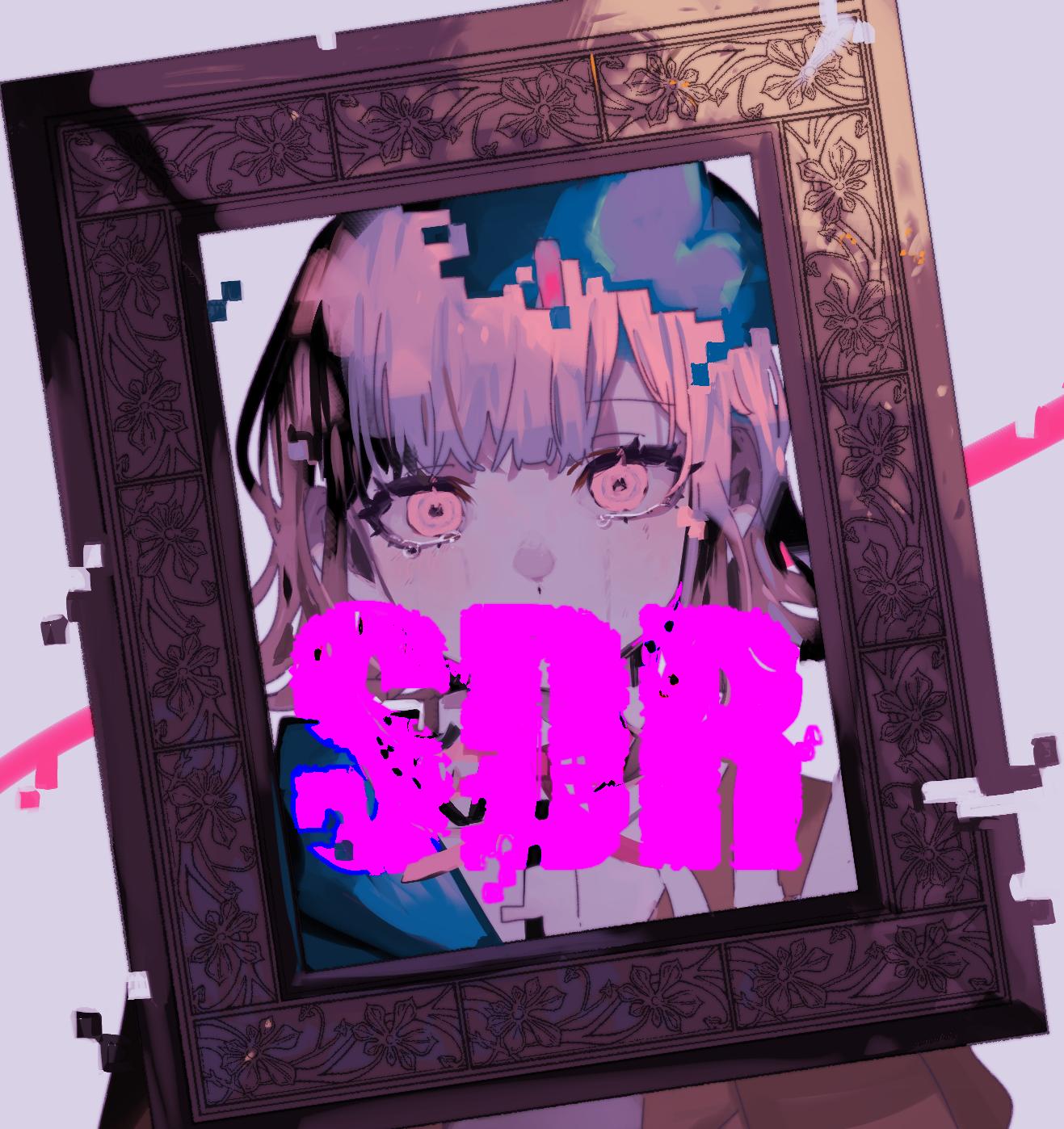 1girl bangs commentary dangan_ronpa eyebrows_visible_through_hair face frame framed highres looking_at_viewer nanami_chiaki photo_(object) pink_blood pink_eyes pink_hair pixelated sdr_roll0808 simple_background solo super_dangan_ronpa_2 tears white_background