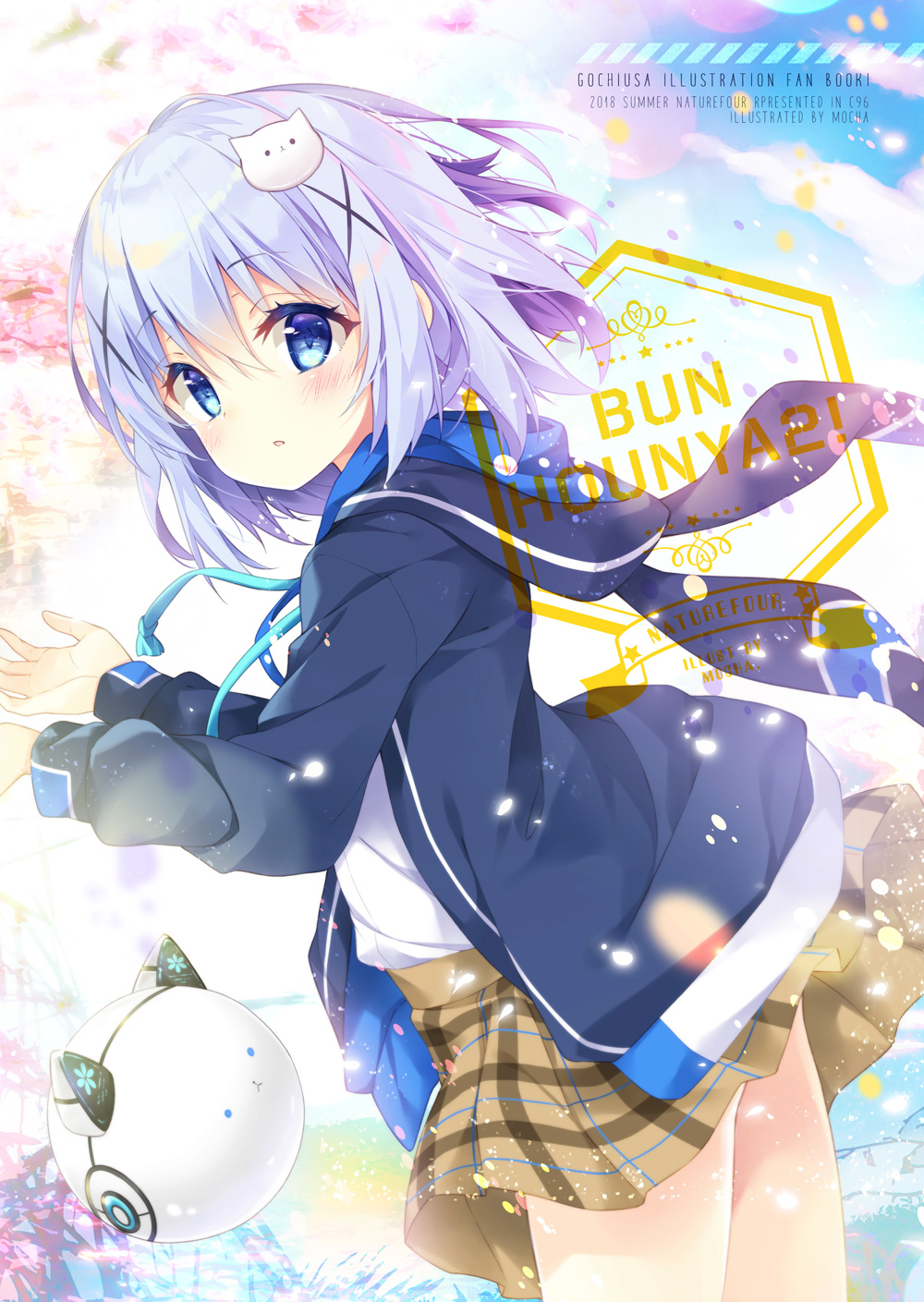 animal_ears animal_hood bangs blue_eyes blue_hair blue_jacket blue_sky blush brown_skirt bunny_hood character_hair_ornament clockwork_rabbit clouds commentary_request day eyebrows_visible_through_hair fake_animal_ears gochuumon_wa_usagi_desu_ka? hair_between_eyes hair_ornament highres hood hood_down hooded_jacket jacket kafuu_chino long_sleeves looking_at_viewer looking_to_the_side mocha_(naturefour) outdoors parted_lips plaid plaid_skirt pleated_skirt rabbit_ears robot shirt skirt sky tippy_(gochiusa) white_shirt