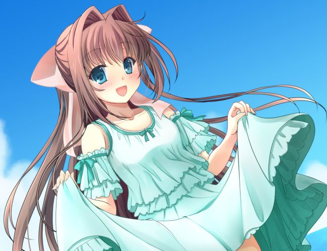 1girl asakura_otome bare_shoulders blush bow breasts brown_hair clouds cloudy_sky commentary_request da_capo da_capo_ii detached_sleeves dress dress_lift dutch_angle eyebrows_visible_through_hair green_dress green_eyes hair_between_eyes hair_bow holding_dress kayura_yuka long_hair looking_at_viewer open_mouth pink_bow sky small_breasts smile solo sundress