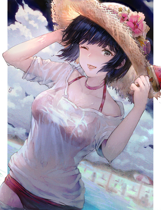 1girl arms_up bangs bikini bikini_under_clothes black_hair blue_sky breasts brown_headwear clouds cloudy_sky commentary_request day dutch_angle eyebrows_visible_through_hair flower food green_eyes hand_on_headwear hat hat_flower hisahisahisahisa holding holding_food medium_breasts one_eye_closed original parted_lips pink_flower popsicle red_bikini see-through shirt short_hair sky solo straw_hat summer swimsuit tongue tongue_out wading water watermelon_bar wet wet_clothes wet_shirt white_shirt