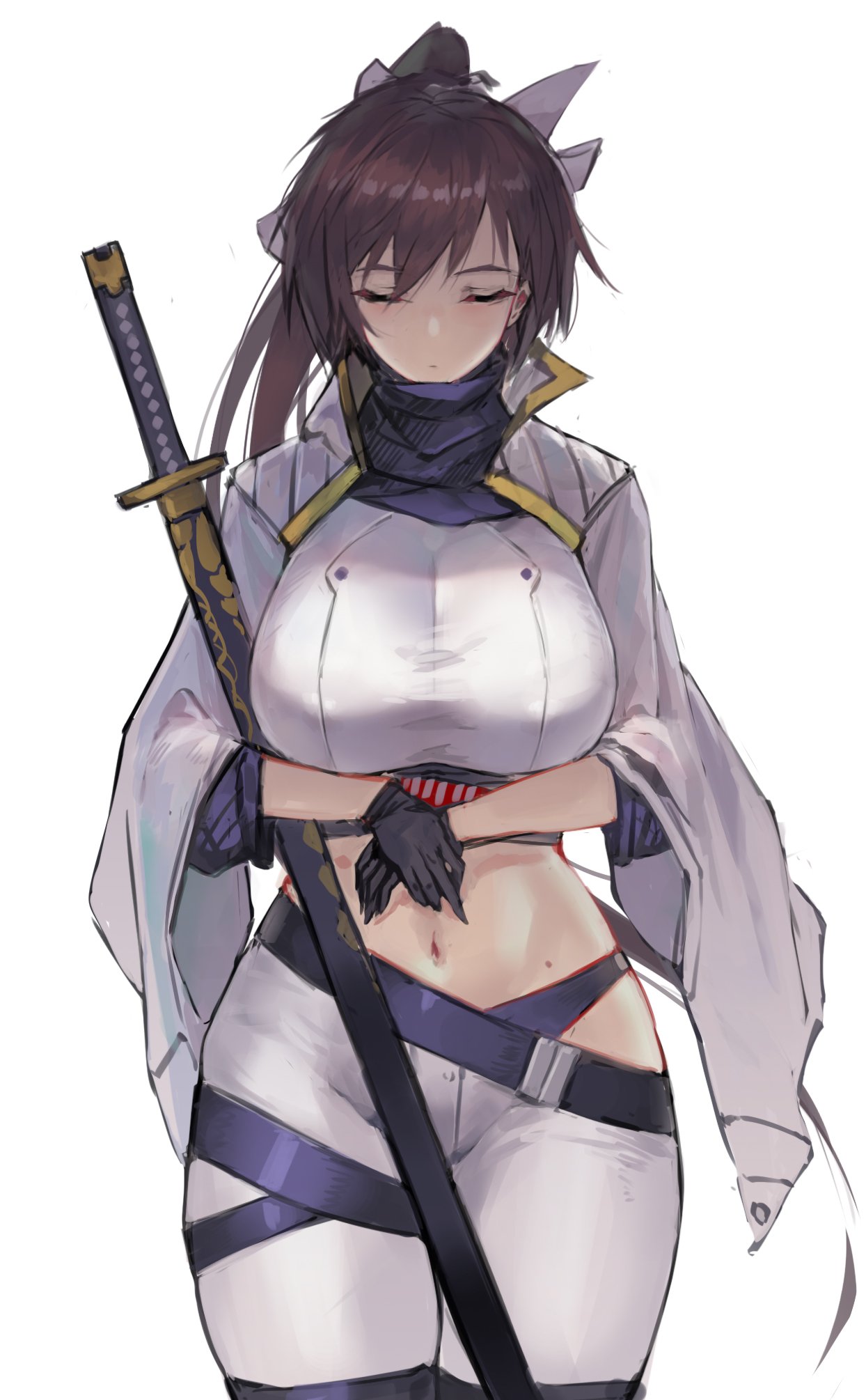 1girl aya_kujyou_(final_gear) black_gloves blue_scarf breasts brown_hair closed_eyes closed_mouth cowboy_shot crop_top final_gear gloves highres jacket katana large_breasts long_hair midriff multiple_straps navel pandea_work ponytail scarf shrug_(clothing) simple_background solo sword taut_clothes weapon white_background