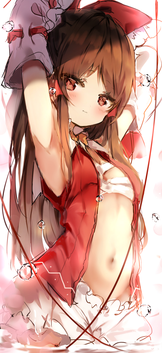 1girl armpits arms_up bandages bangs bloomers blush bow bowtie breasts brown_eyes brown_hair commentary detached_sleeves eyebrows_visible_through_hair frilled_bow frills hair_bow hair_tubes hakurei_reimu head_tilt long_hair long_sleeves looking_at_viewer navel no_nose open_clothes open_shirt piyokichi red_bow red_shirt sarashi shirt sidelocks simple_background sketch sleeveless sleeveless_shirt small_breasts solo stomach touhou underwear very_long_hair water_drop white_background white_bloomers yellow_bow yellow_neckwear